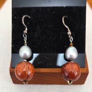 Hawaiian Koa Wood Freshwater Pearl Sterling Silver Swarovski Crystal Earrings